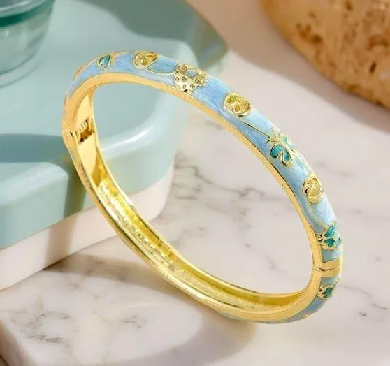 Blue Butterfly & Floral Theme Enamel Hollow Out Cloisonne Bangle Gold