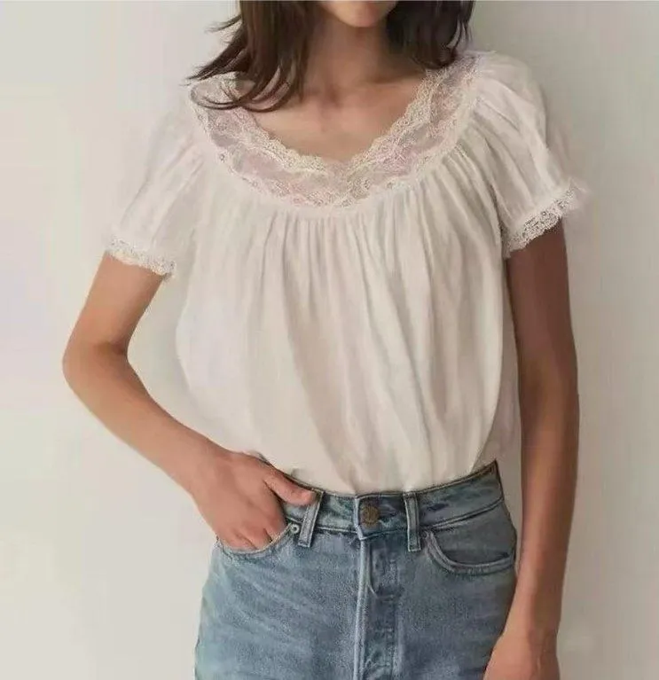 Doen Caprice Lace Trim White Peasant Blouse, S