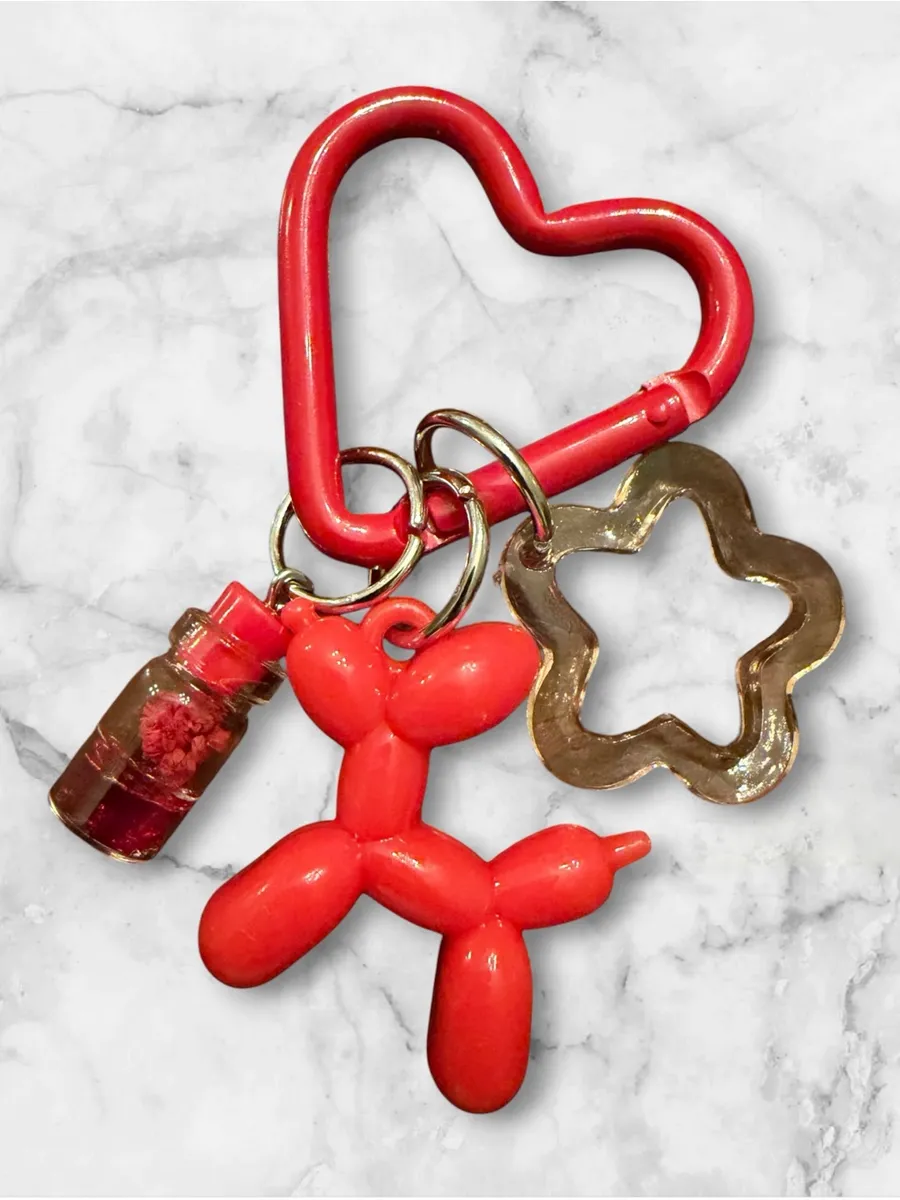 Red Heart Carabiner Keychain with Balloon Dog