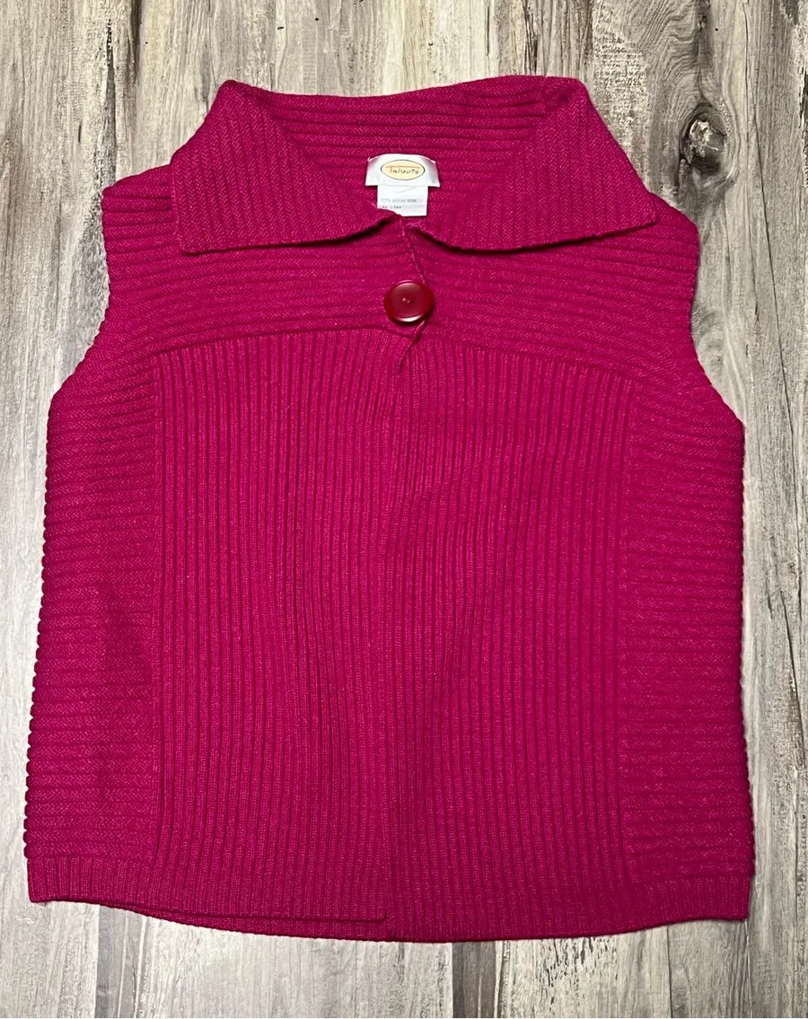 Talbots 100% Merino Wool Ribbed Sweater Vest Magenta Pink Single Button Front