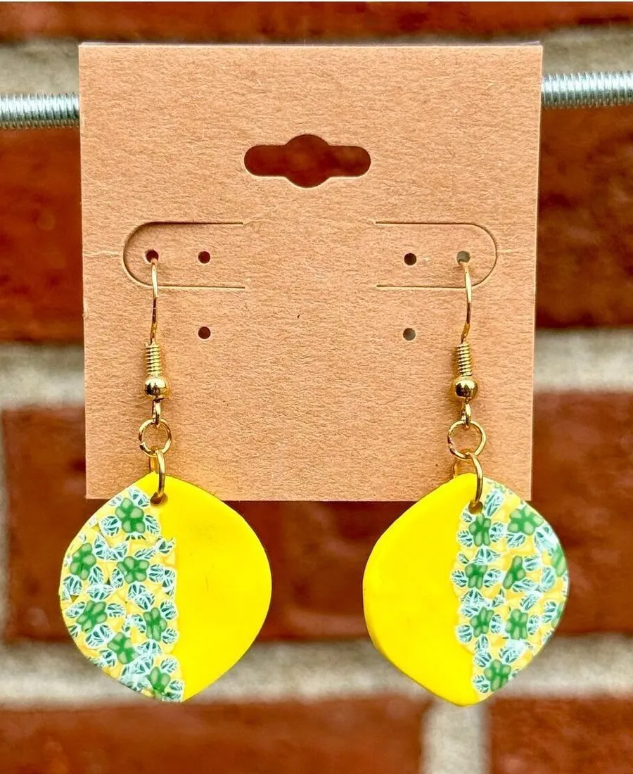 Handmade Polymer Clay Earrings Lemon Style with Funky Print Yellow