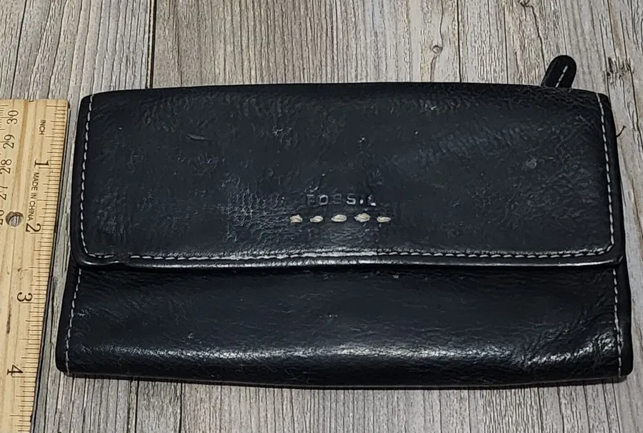 Fossil Black Leather Wallet Clutch Zip Around Continental Style