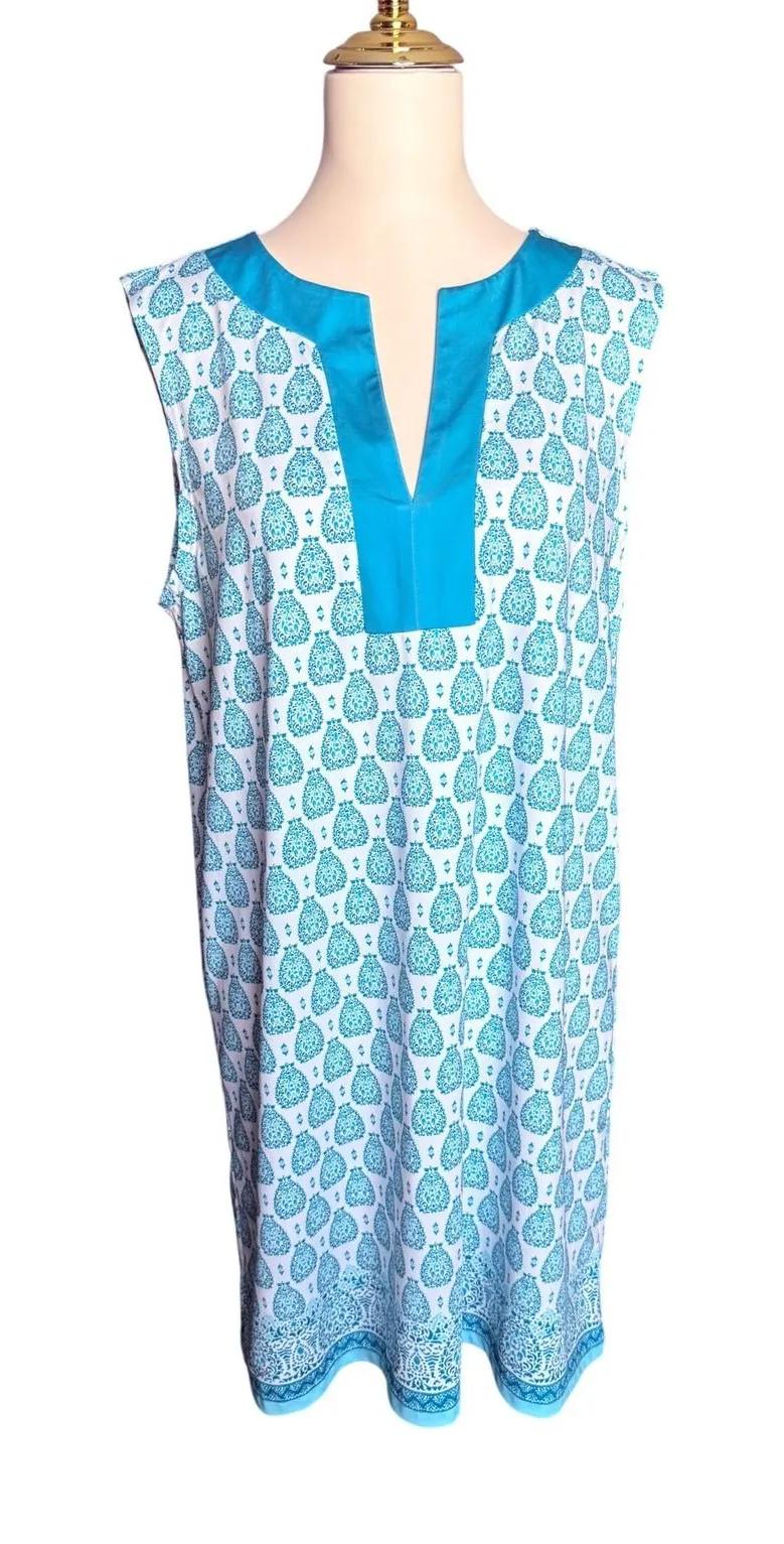 Cabana Life Womens Teal White Block Print Sleeveless Split Neck cover up Size L Blue Size L
