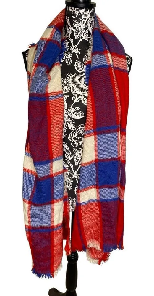 Merona Plaid Blanket Scarf Red Blue White Fringe Oversized Wrap Shawl Cozy