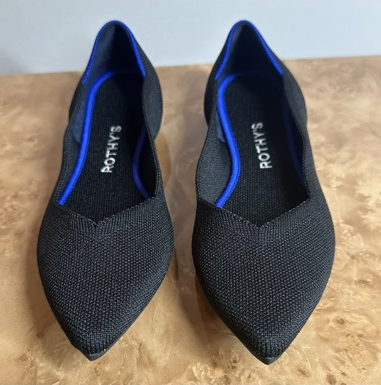 Rothy's The Point Black Knit Flats Blue Trim Women's Size 7.5