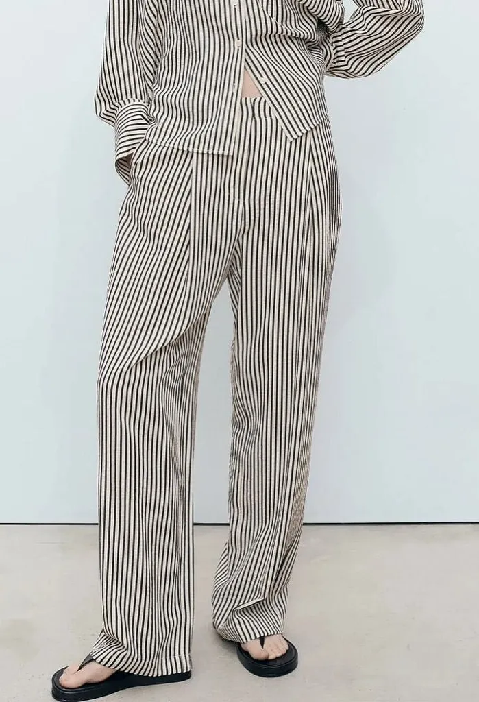Mango elasticated waist staight wide leg stripe pants in mono stripe size large