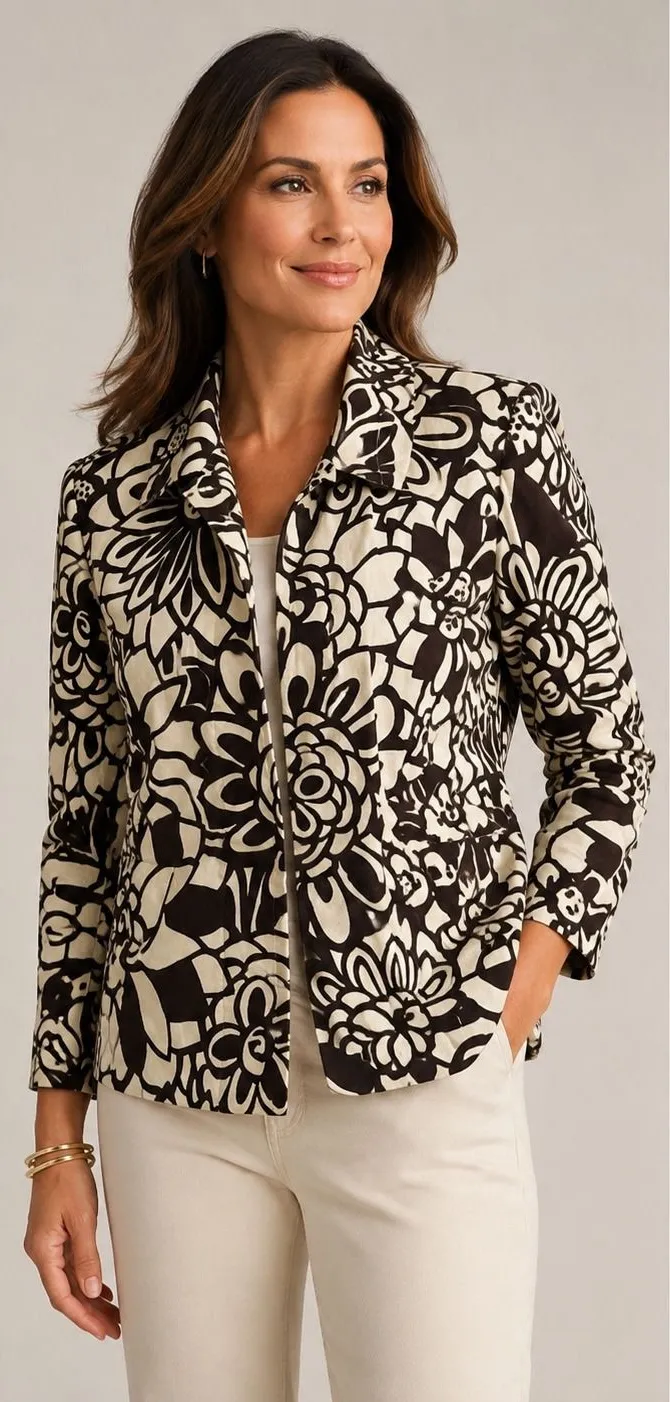 Chico's Brown Cream Floral Print Snap Front Cotton Stretch Jacket Blazer Size 1