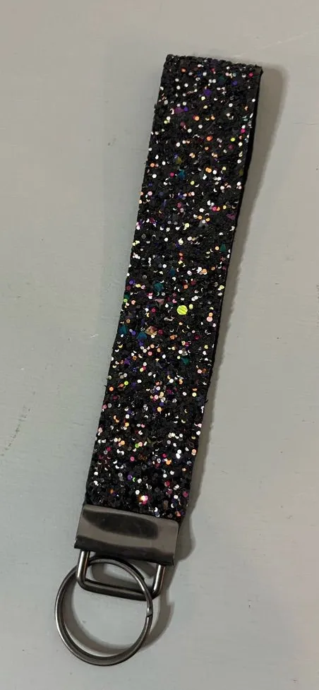 Handmade Black Rainbow Confetti Glitter Canvas Faux Leather Wristlet Keychain