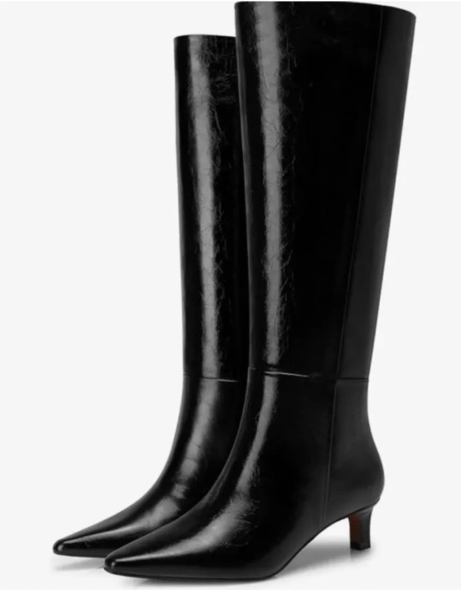 NEW Knee High Boots: 1.96” Kitten Heel Pointed Toe Boot Wide Calf Tall 6.5 Black