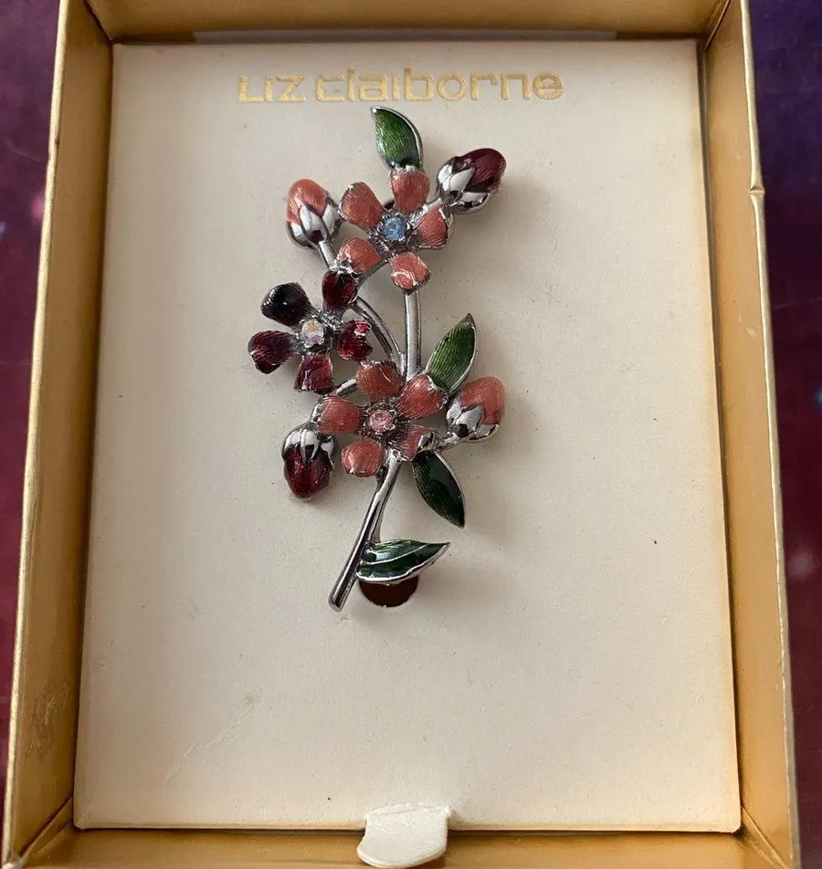 Vintage Liz Claiborne Brooch Pin Floral Flowers Red Pink Green In Box 2”H X 1”W