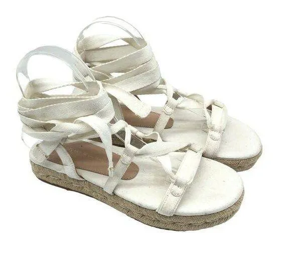 Stuart Weitzman Altdup Canvas Espadrille Wrap Sandals Cream Straps Size 7B