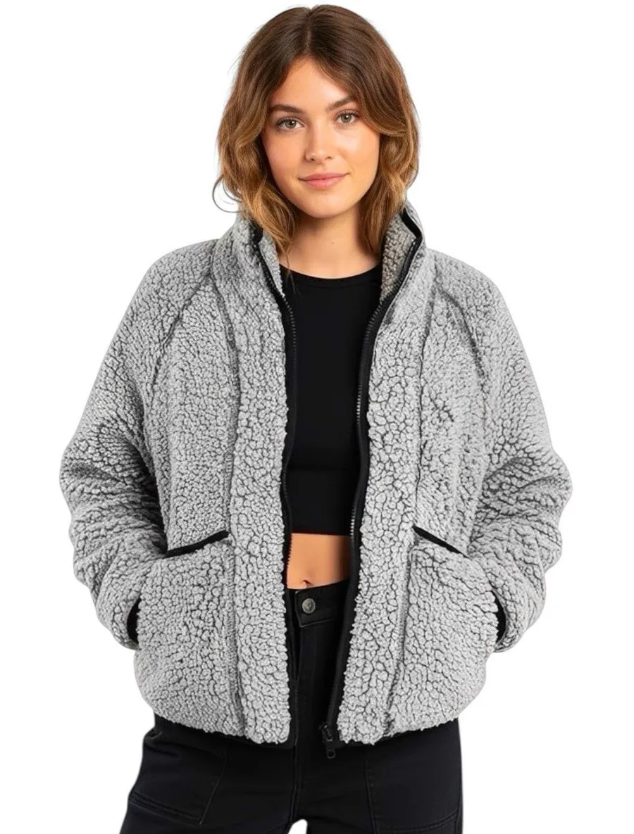 Divided H&M Womens Jacket Size XS Short Sherpa Fuzzy Soft Thick Fleece Gray