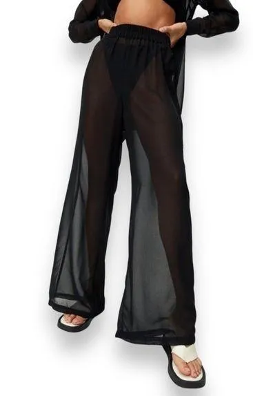Nasty Gal Chiffon Wide Leg Beach Trouser Sheer Black Pants Women’s Size 6 NWT