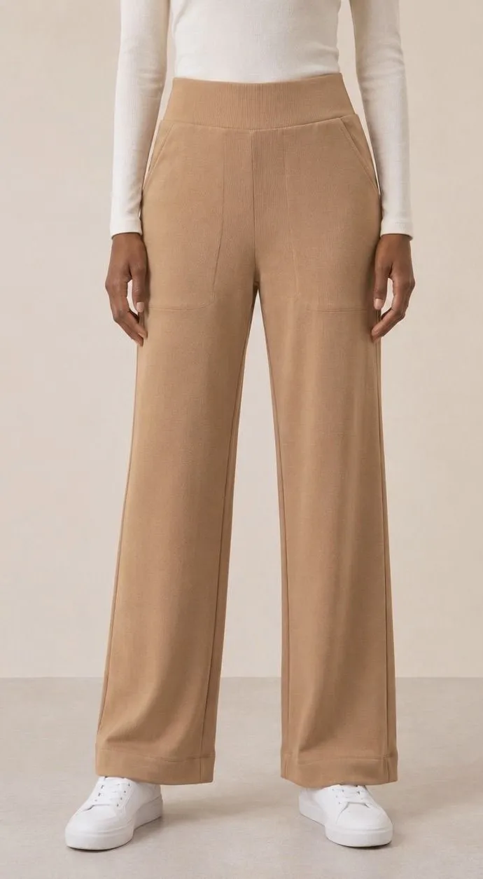 Pact Wide Leg Pant Women's Large Organic Rib Cotton Pull On Lounge Airport Beige