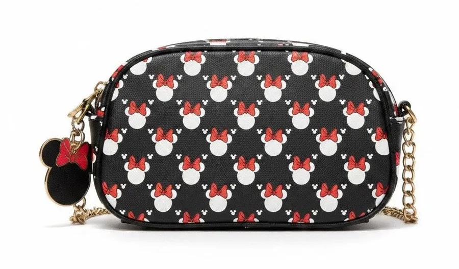 Disney Minnie Mouse Camera Crossbody Bag Black Red Bow Print Chain Strap Purse