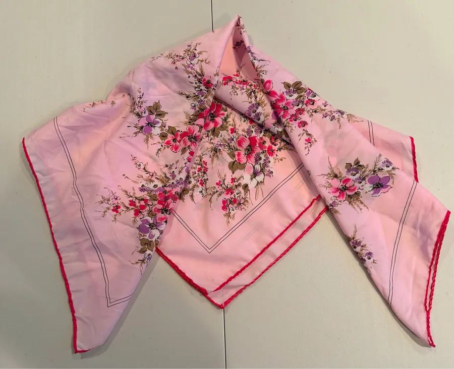 VINTAGE: Leonardi | ladies classic cherry blossom, floral print silk scarf Pink
