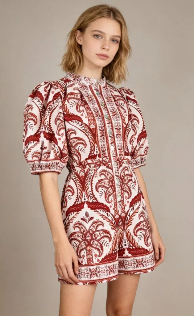 NWOT Farm Rio Tropical Cameo Belted Romper Size S 100% Cotton Puff Sleeves
