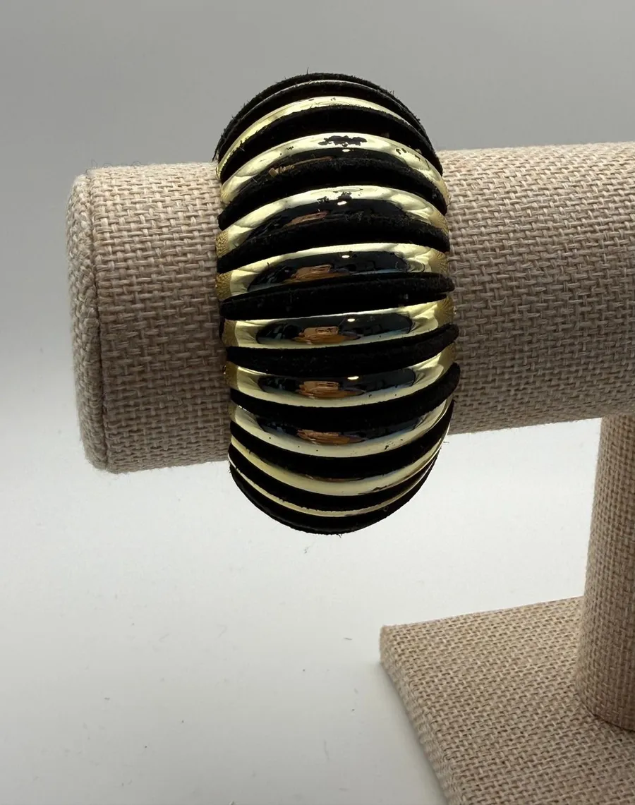 Gold Black Stretch Cuff Bracelet Ribbed Suede Statement Jewelry Whimsigoth
