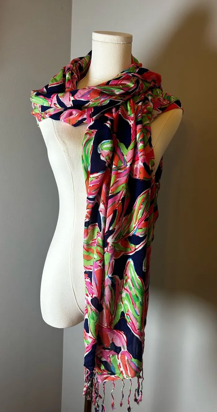 Lilly Pulitzer Floral Wrap Scarf/Sarong Colorful Beach Resort 70x 29.5 Tasseled