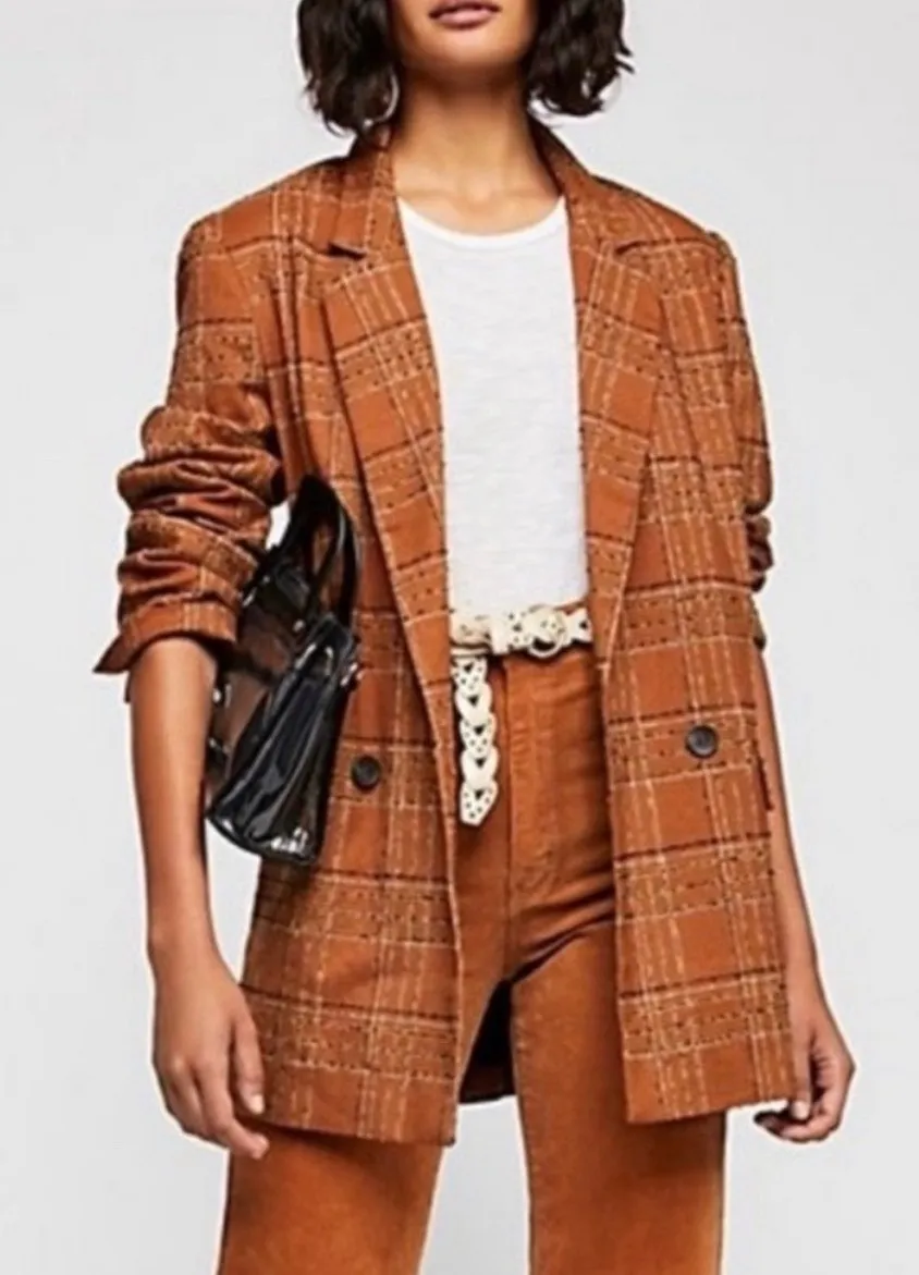 Free People Uptown Girl Plaid Double Breasted Blazer Brown Linen Blend Small