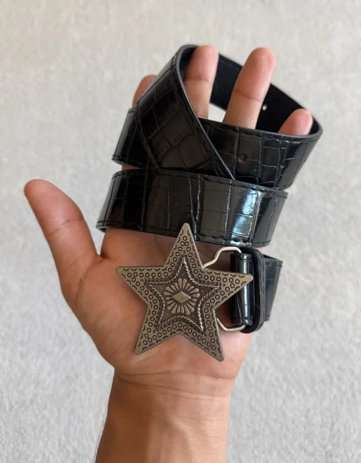 Black Croc Embossed Star Buckle Belt