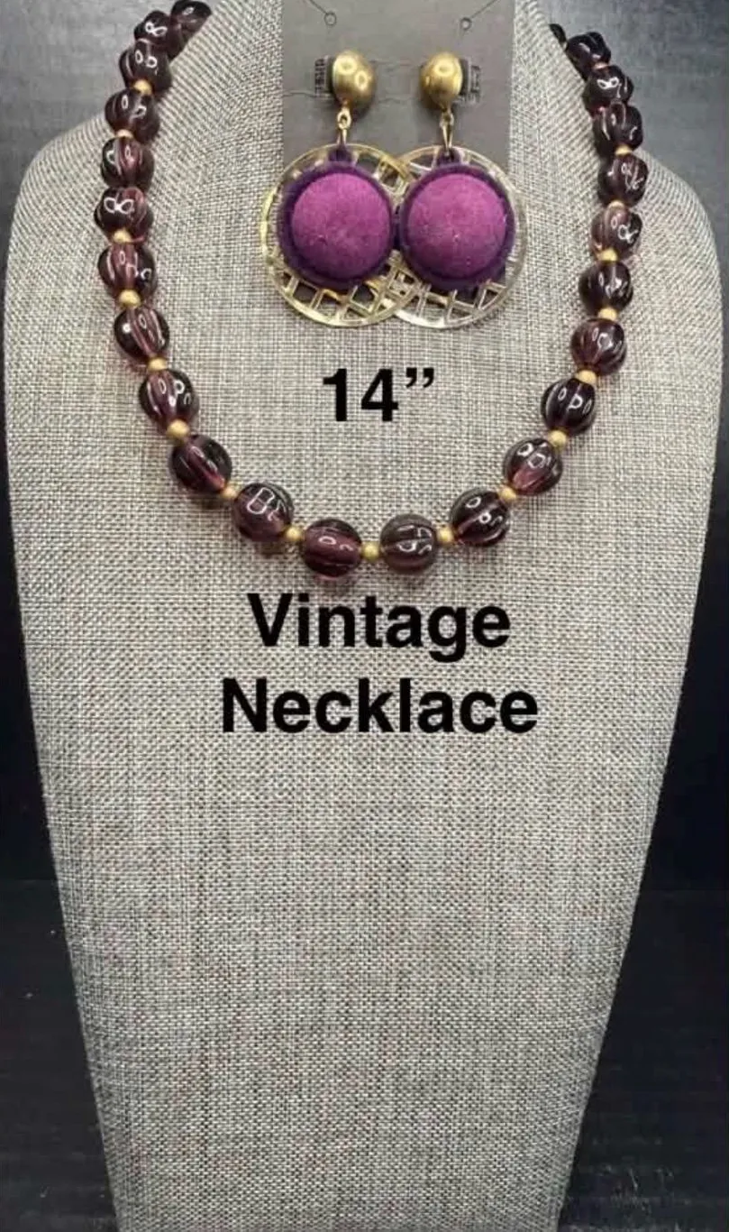 Vintage Purple Bead Necklace and Earrings Set