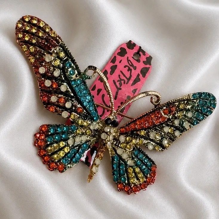Betsey Johnson Multicolored Rhinestone Butterfly Brooch Gold Tone Statement Pin