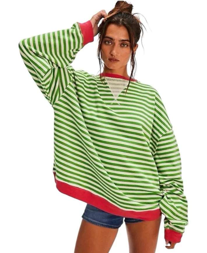 FREE PEOPLE Classic Striped Oversized Crewneck Pink Clover Combo Size M