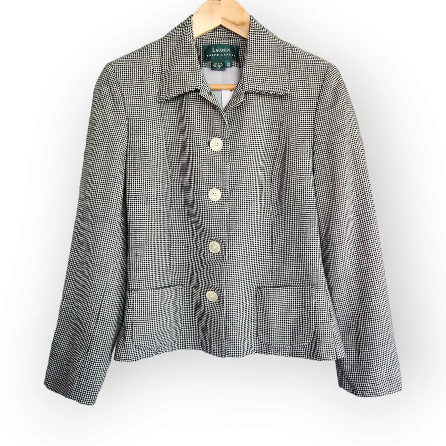Vintage Lauren Ralph Lauren Wool Linen Black White Houndstooth Blazer Coat 10