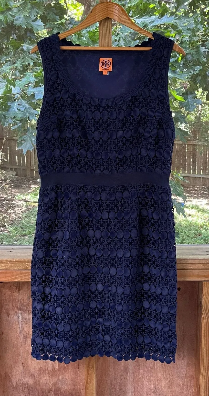 Tory Burch Women's Navy Blue Geometric Lace Overlay Sheath Dress Size 14