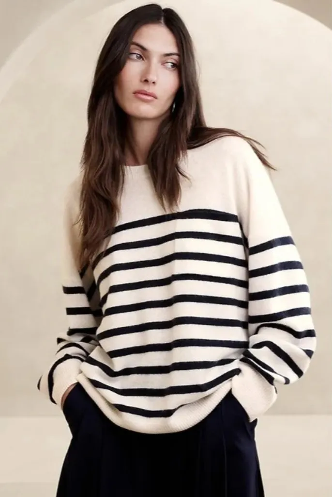 NWT Banana Republic Caro in Navy Stripe Oversized Cashmere Sweater L Petite