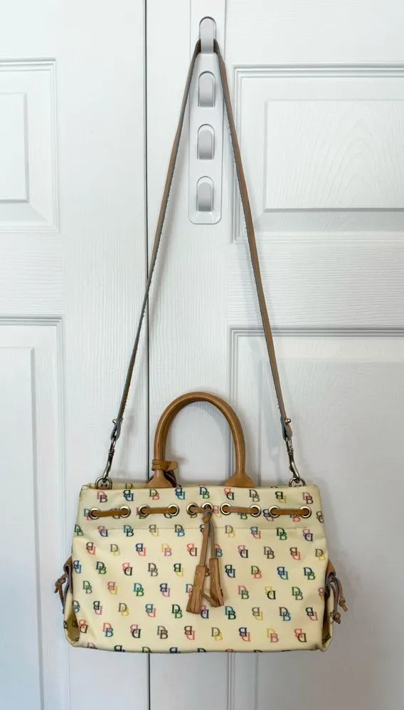 Dooney & Bourke Tassel Tote 1745 WH Multicolor DB Monogram Ivory Crossbody EUC