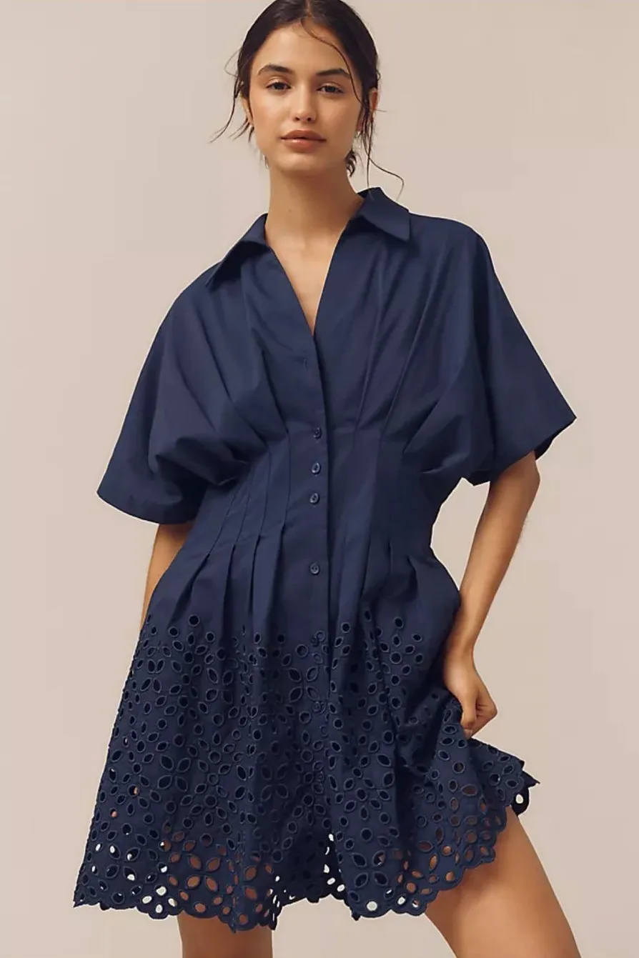 NWT Anthropologie Exquise Navy Eyelet Mini Shirt Dress size M