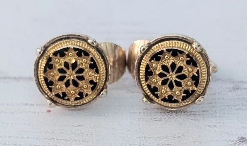 Vintage Avon Clip On Earrings Dainty Black & Gold Tone Stunning 5/8"