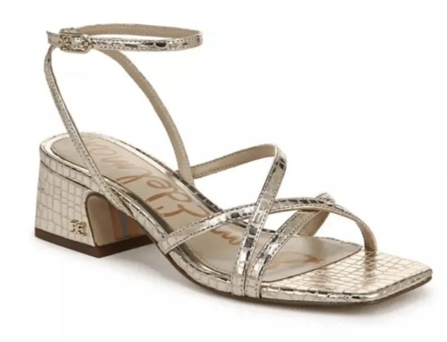 NIB Sam Edelman Whitley Ankle Strap Sandals Size 8 Gold Croc Embossed