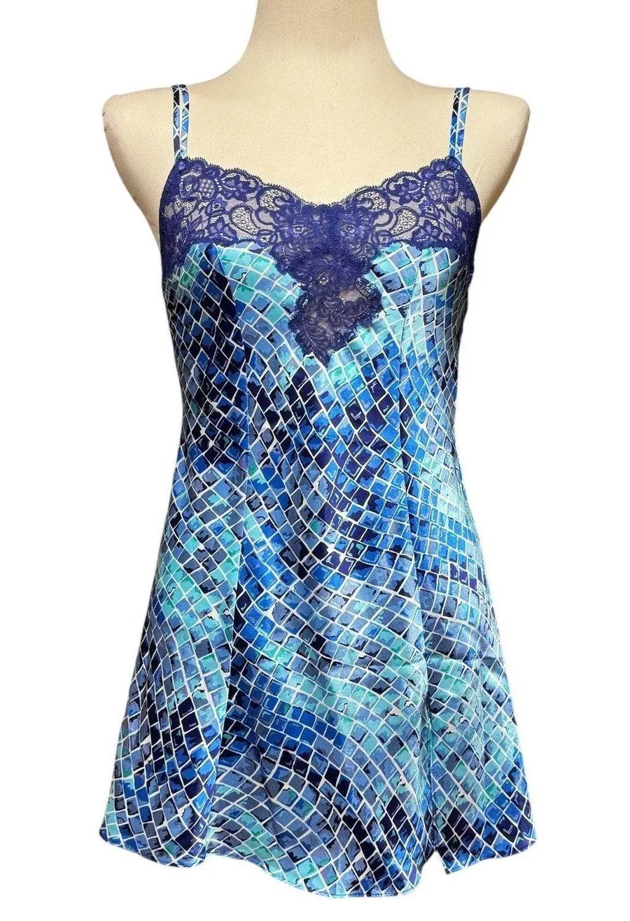 Victoria's Secret Vintage 90s Blue Green Pattern Lace Night Gown XS