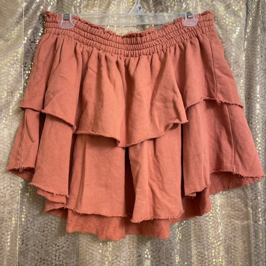 Orange Boho Tiered Raw Hem Pull On Ruffle Mini Skirt, XL