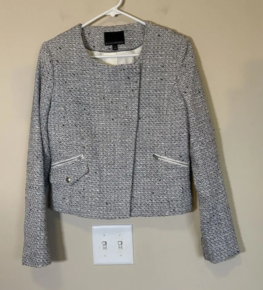 Banana Republic Tweed Jacket Fringed Gray White Luxury Cocktail Office Womens 4