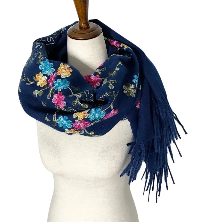 NWT Embroidered Wool Blanket Scarf Blue