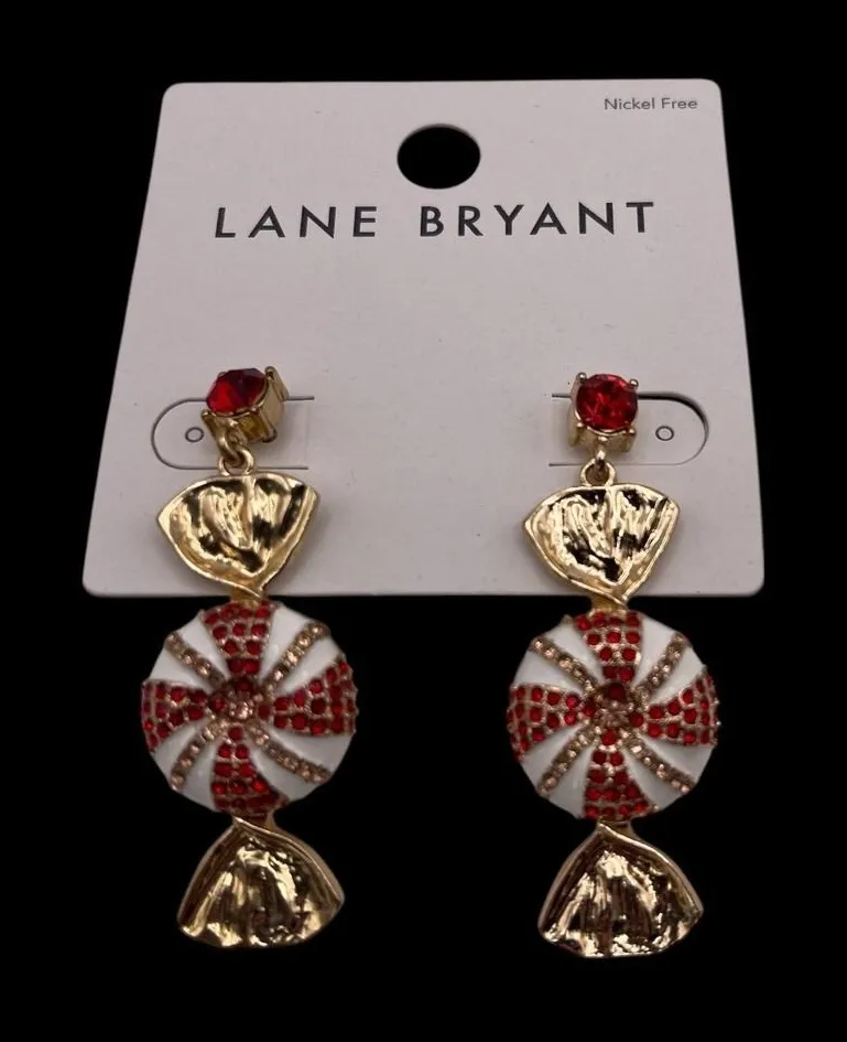 Lane Bryant Peppermint Candy Dangle Earrings Red White Gold Nickel Free New