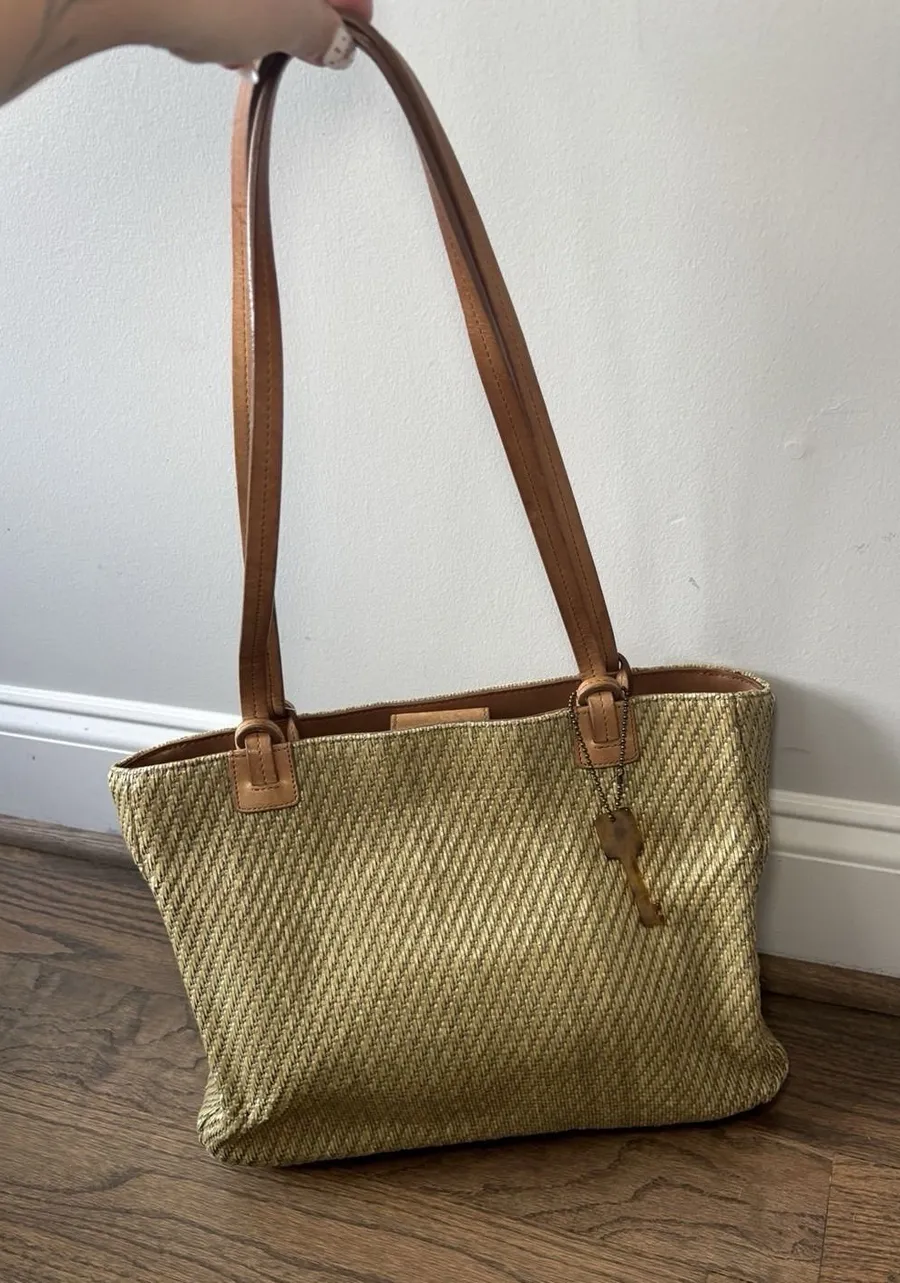 Vintage Fossil Tan Sage Woven Shoulder Bag Purse Natural Straw Leather Trim