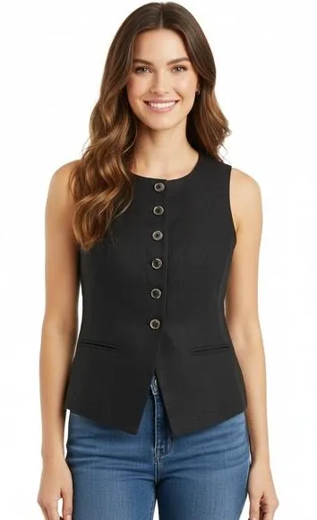 J Crew Top Womens 2 Black Linen Cutaway Vest Sleeveless Button Career CI309