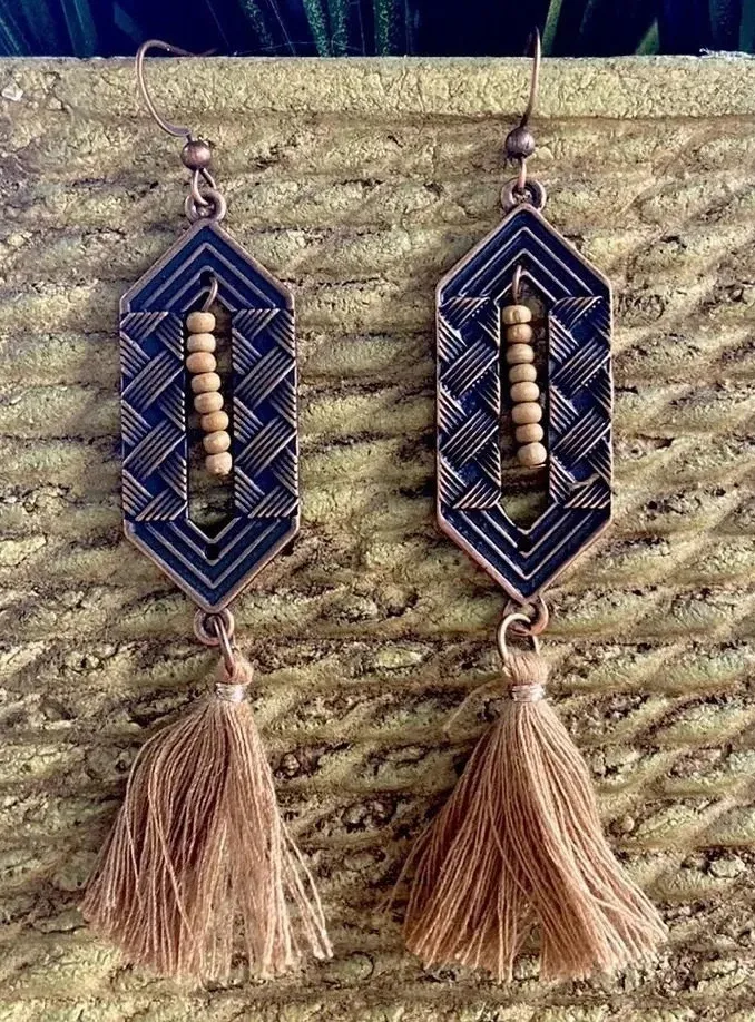 New neutral tone earrings tassel wood bead bronze earth girl earthy fall metal Brown