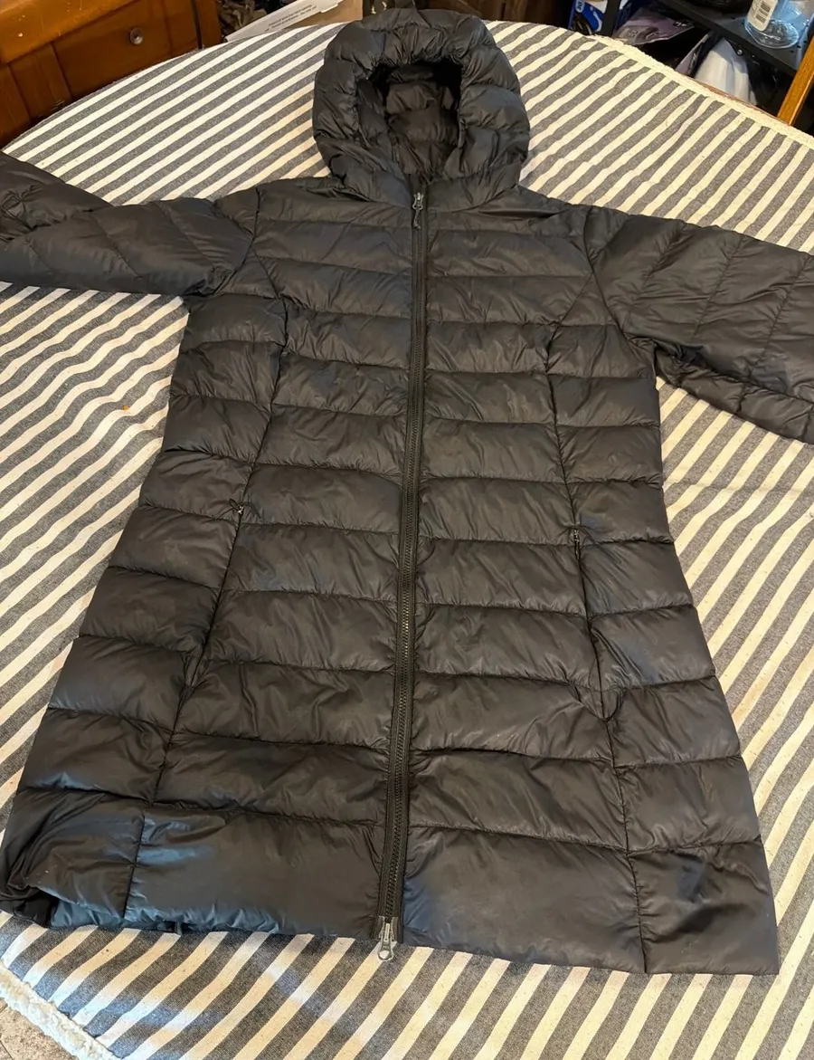 Eddie Bauer Womens Black Down Hooded Puffer Parka Jacket Size S Longline Quilted
