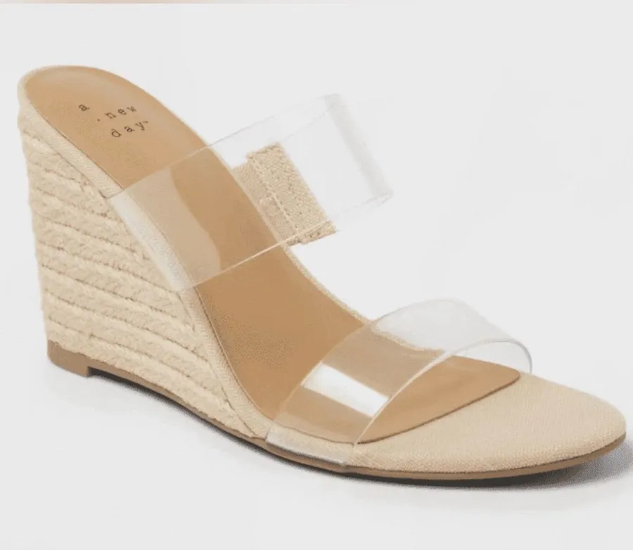 A New Day Clear Strap Espadrille Wedge Sandals Nude Beige Size 6 NWT