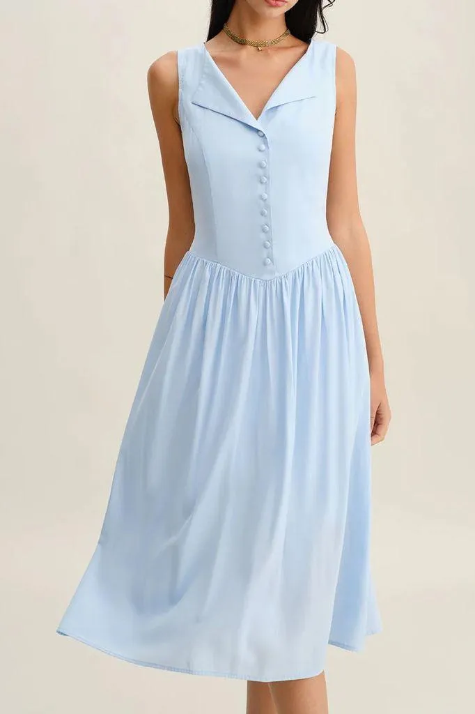 Rihoas Blue V Neck Button Sleeveless Midi Dress Size XL