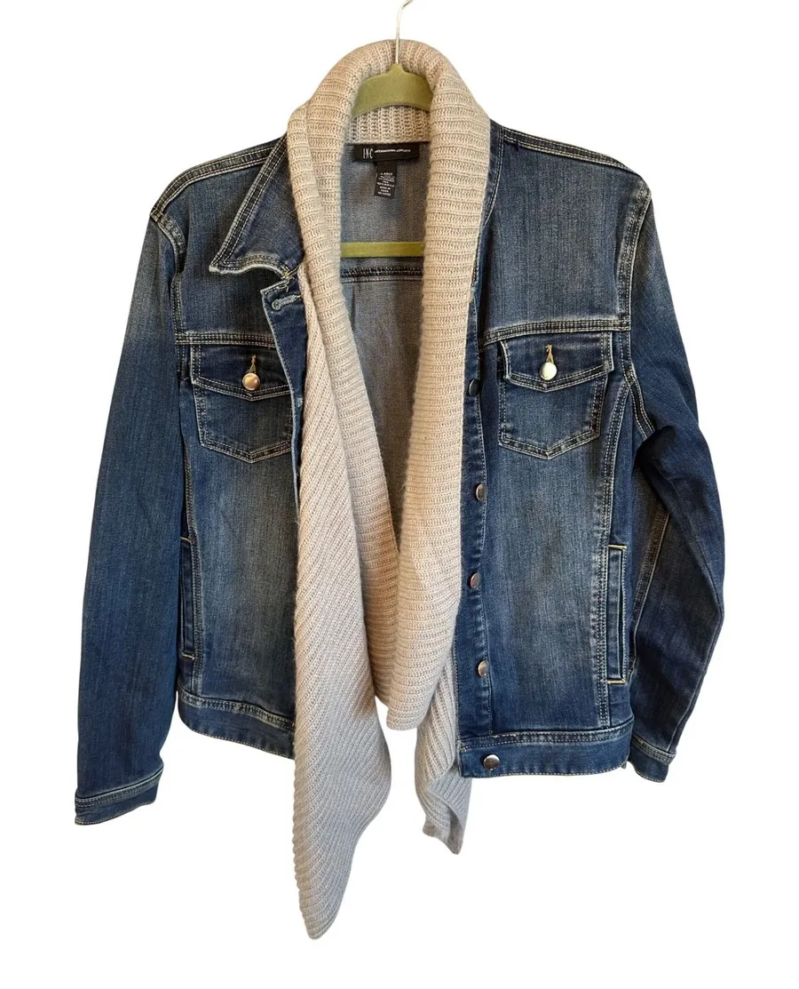 INC International Concepts Womens Large Denim Jacket Knit Cardigan Inset Blue L Blue