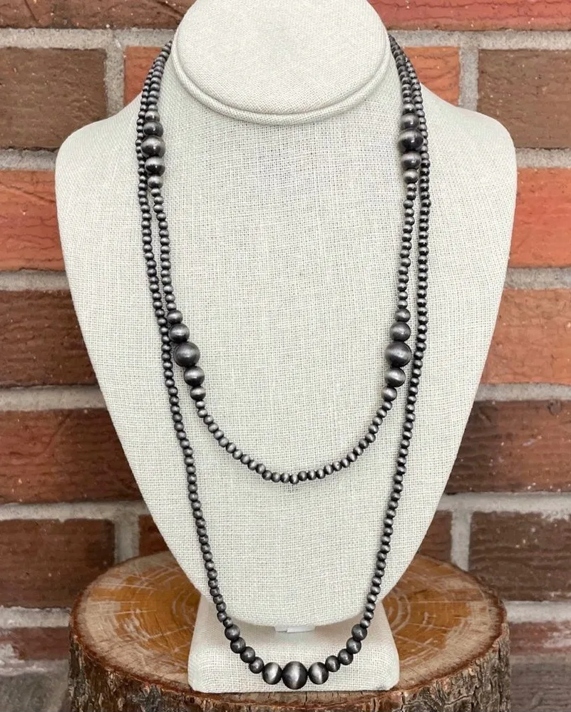 Navajo Style Pearl Graduated Double Layer Necklace Silver