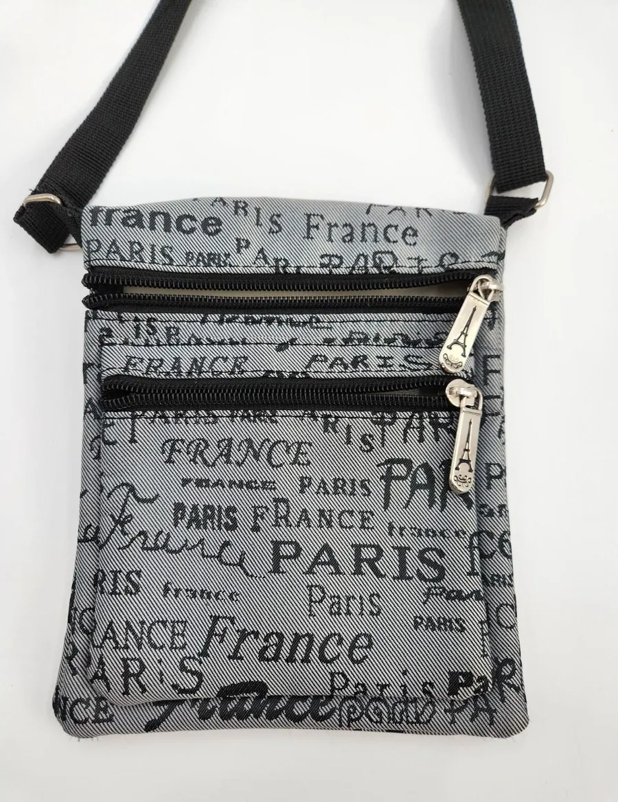 CrossBody Small Bag/Purse Paris France Gray & Black Zip Pockets Adjustable Strap