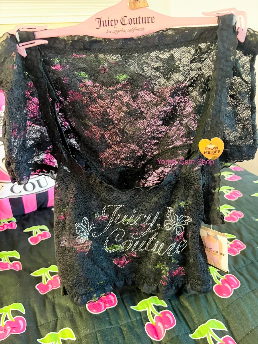 NWT Juicy Couture Rhinestone Black Butterfly Lace and Cami and Short Set